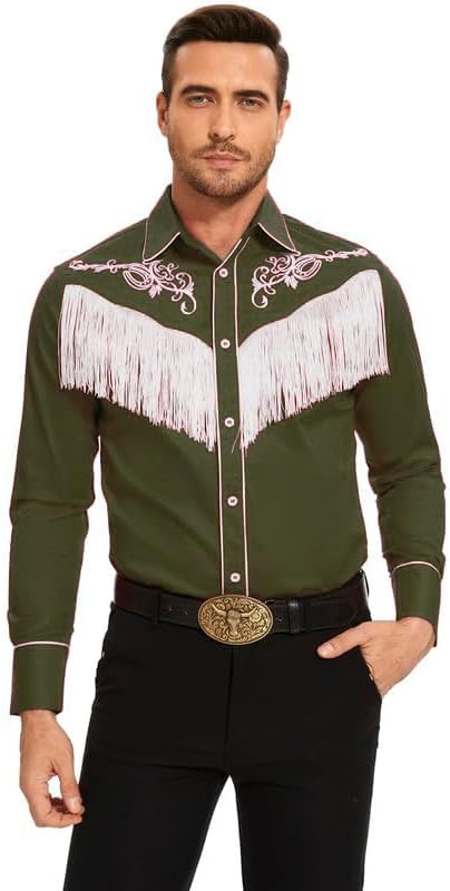 CORSKI Men's Cowboy Costume Western Long Sleeve Casual Fringe Hippie Slim Fit Button Down Shirt - Image 3