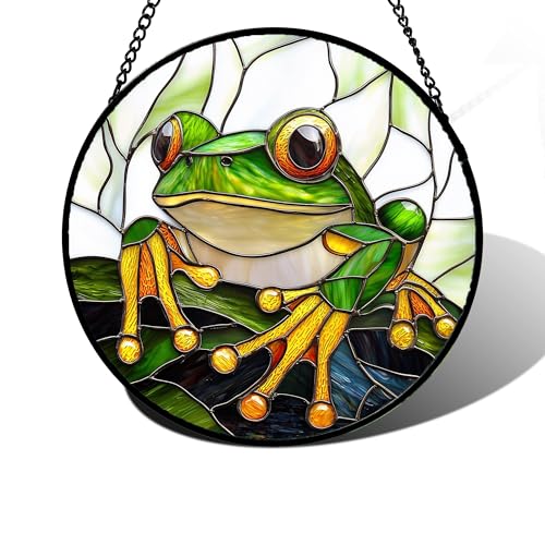 DASTOLL Stained Glass Window Hanging, Green Frog White Petals Sun Catchers Colorful Glass Panel Cute Suncatcher Decor for Birthday for Women, Men, Wife, Aunt, and Mom 7.8 in