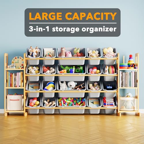 Image of SpaceAid Toy Storage Organizer with 6 Shelves and 20 Bins, Toy Organizers Storage Bookshelf, Kids Bin Shelf Toys Box Bookcase for Bedroom Playroom Organization Room Decor, Neutral Gray