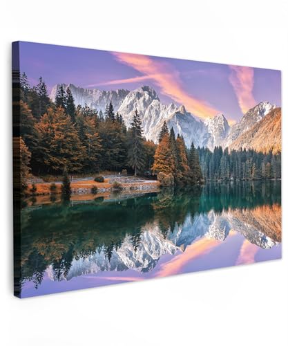 MuchoWow© Impression sur Toile Decoration Murale Peinture 120x80 cm Tableaux Decoratifs Muraux Déco Chambre Tableau Salon Montagnes - Forêt - Eau - Ciel - Rose - Violet