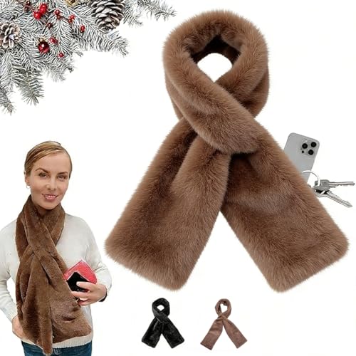 Faux-Fur Pull Through Scarf with Hidden Zipper Pocket for Women Neck Collar Wrap for Cell Phone and Valuables (Brown)