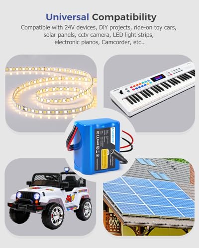 24V 2.6Ah Lithium Battery, 24V Rechargeable Li-ion Battery with Charger, Bare Leads Wire, Cable Connector for Kids Ride On Cars, DIY Project, RC Car, Robot, Solar Panels, LED Light Strip, CCTV Camera