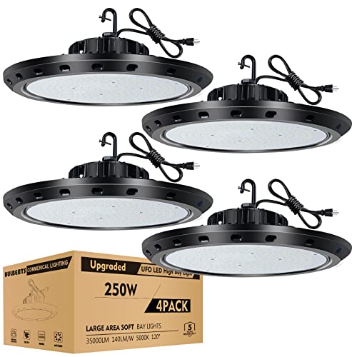 bulbeats 250W LED High Bay Light 35000lm (Eqv.1000W MH/HPS) High Bay LED Light, 5000K UFO High Bay Lights, 5‘ Cable with US Plug Commercial Warehouse/Workshop/Wet Location Area Light- 4Pack