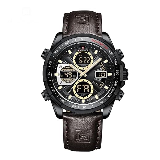 Naviforce Montres numériques Militaires pour Hommes Montre étanche à Quartz analogique Sport Montre-Bracelet en Cuir multifonctionnelle