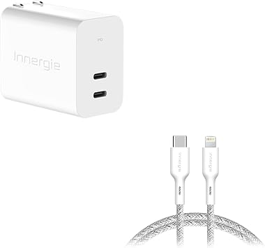Innergie C4 Duo 45W GaN Dual-Port Foldable USB C Charger + USB C to Lightning Nylon Cable 5.9ft, 1.8m Apple Mfi Certified for iPhone, iPad, AirPods Compatible with iPhone 15, iPad, MacBook Air, Swit