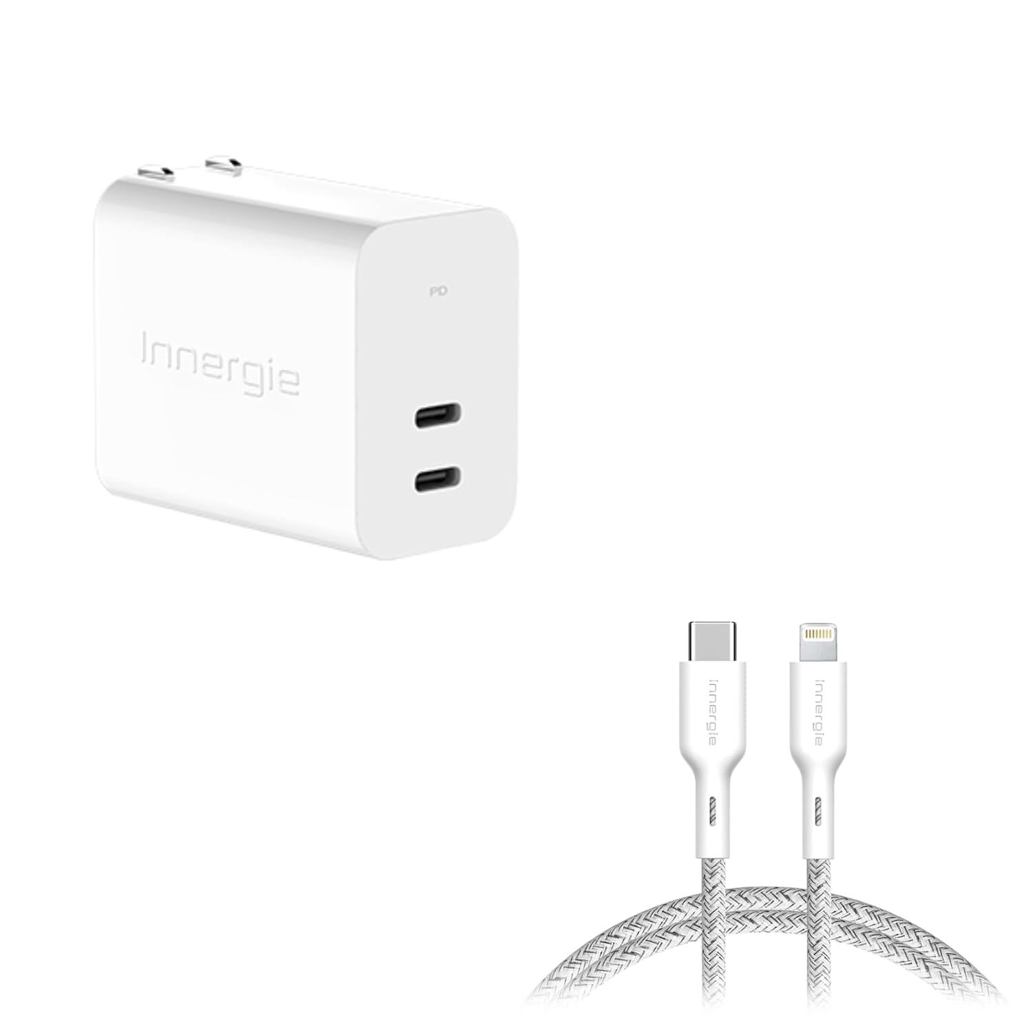 Innergie C4 Duo 45W GaN Dual-Port Foldable USB C Charger USB C to Lightning Nylon Cable 5 9ft