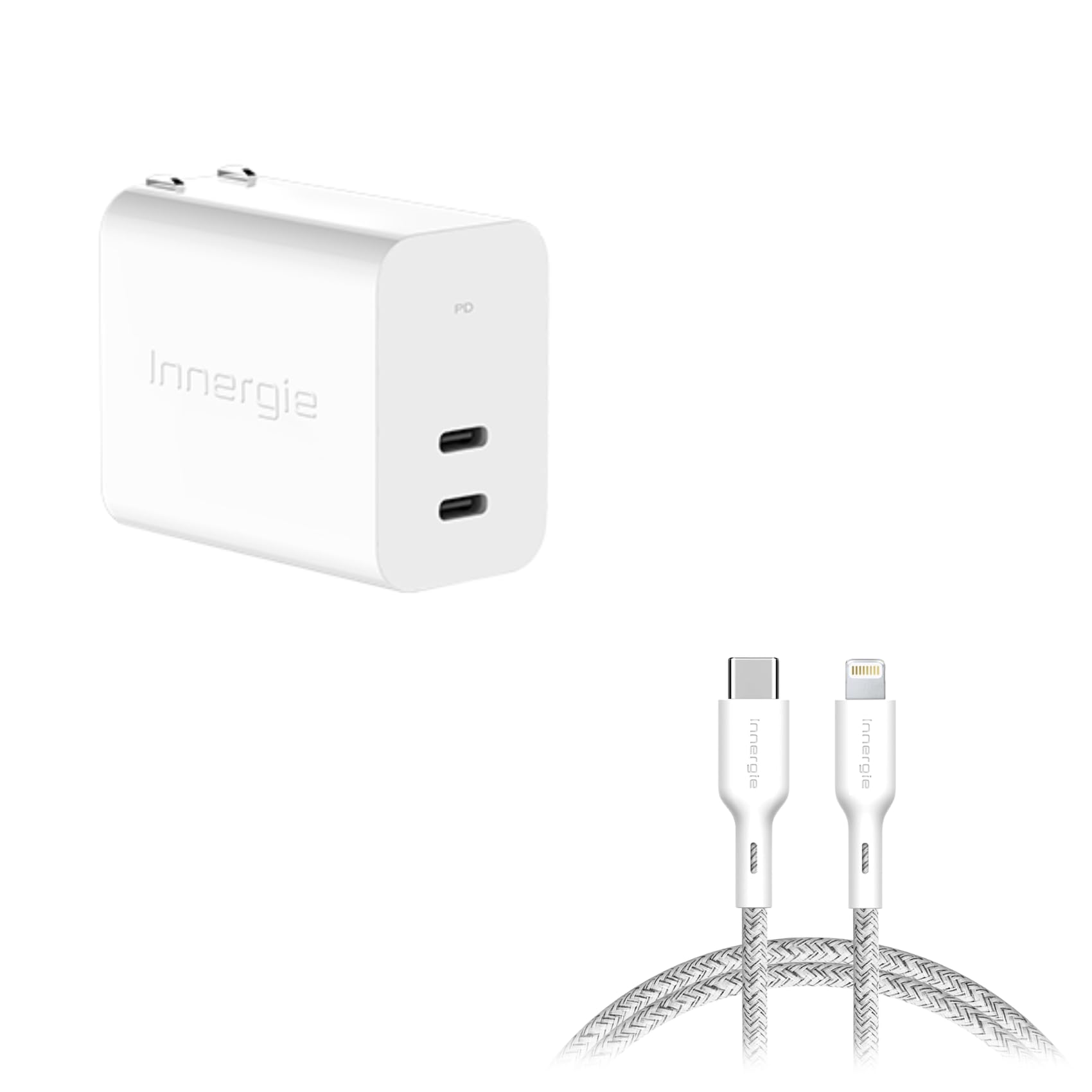 Innergie C4 Duo 45W GaN Dual-Port Foldable USB C Charger USB C to Lightning Nylon Cable 5 9ft