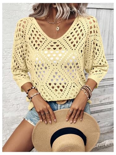 Image of Verdusa Women's Crochet Beach Summer Sweater 3 /4 Length Sleeve Boho Off The Shoulder Tops
