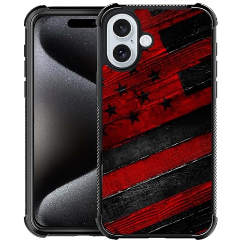 DJSOK Compatible with iPhone 16 Plus Case,Design Pattern Back Bumper Anti Scratch Reinforced Corners Soft TPU Caver,Cases for Men Women-Black Red Wood Grain American Flag by DJSOK - Used condition - US$12.35