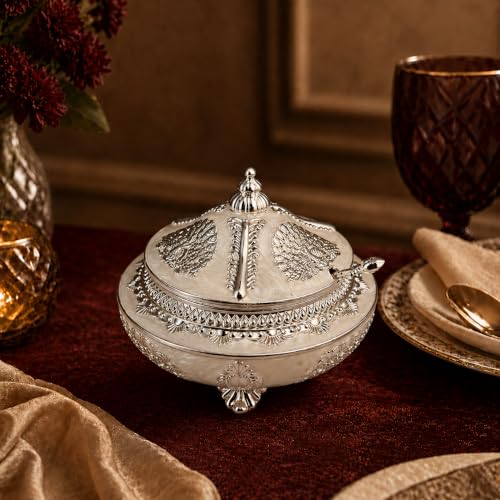 Image of Diviniti Silver Plated Peacock Sugar Pot with Lid | Decorative Storage Jar for Sugar, Mouth Fresheners & Small Items | Luxury Home Decor Piece for Kitchen, Dining Table & Gifting (White Finish)