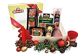 Als Weihnachtsgeschenk verpackt mit Weihnachtsbaumbehang Zugabe! Wurstspezialitäten Schlemmer Paket, perfektes Gourmet Geschenkset gefüllt mit Honig Schinkenleberwurst verfeinert mit Preiselbeeren naturbelassen eine besonders feine Hausmacher Leberwurst geräuchert.