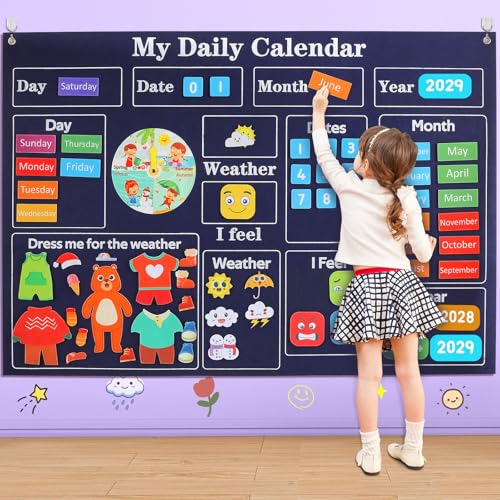 My First Daily Calendar-Preschool Classroom Must Haves, Circle Time Learning Center, Days of the Week Chart for Toddlers Learning, Classroom Calendar for Kids, 3.3Ft Felt Board for Toddlers