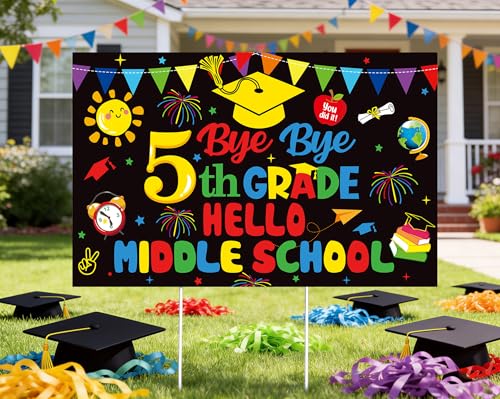 5TH Grade Graduation Decorations 2026 for Yard Sign, 23'' x 14'' 5th Grade Graduation Photo Prop Sign for Elementary Grad Party Supplies, Bye Bye 5th Grade Hello Middle School Grad Banner 4TYC-BB-5LG