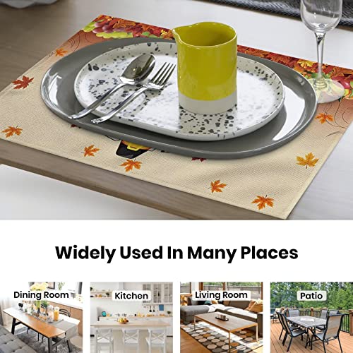 Thanksgiving Turkey Placemats Set Of 4, Fall Leaf Autumn Harvest Pumpkin Cotton Linen Stain Resistant Table Mats Washable Placemat Decoration For Kitchen Dining Table #TOP3