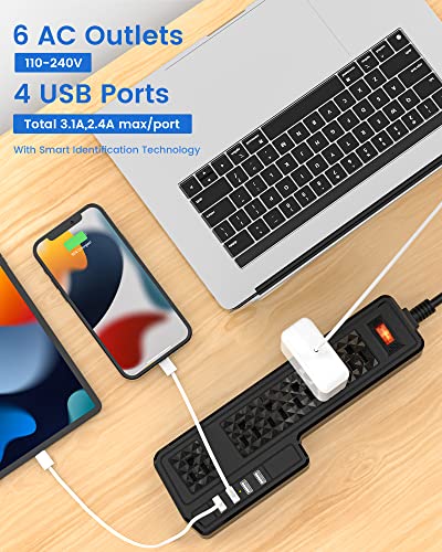 10Ft Power Strip Usb Surge Protector, Jackyled Mountable 6 Outlets 4 Usb Ports Electric Power Outlet With Offset Plug Electric Long Extension Cord Power Charging Station For Home Office #TOP2