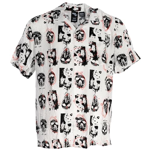 Friday The 13th Jason Mask Scribble White Rayon Button-Up Shirt – Officially Licensed