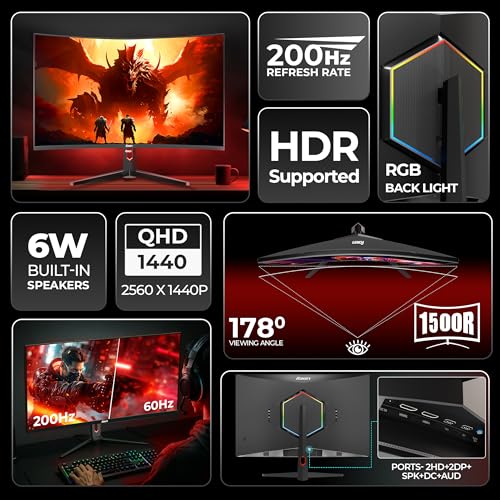 Image of Foxin Phantom Pro 27 inch (68.58 cm) 1500R Curved Gaming Monitor, QHD 2560x1440p, 300Nits, 200Hz, 1ms, Adaptive Sync | sRGB | 2 x DP, 2 x HDMI & AUD Ports | RGB Backlight, Built-in Speakers | Black