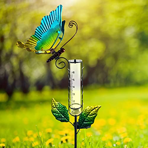 Hongland Rain Gauge Outdoor With Solar Lights - Metal Butterfly Stakes And Replacement Glass Tube - Garden Rain Gauge Decorations For Patio, Balcony, Yard, Lawn Ornament - Unique Ideas #TOP4