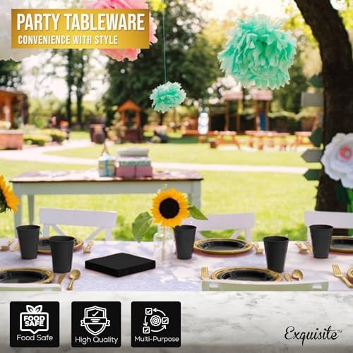 Exquisite 350 Pcs Dinnerware Set - 50 Black Dinner Plates, 50 Dessert Plates, 100 Cups, Gold Napkins, Plastic Cutlery - 4