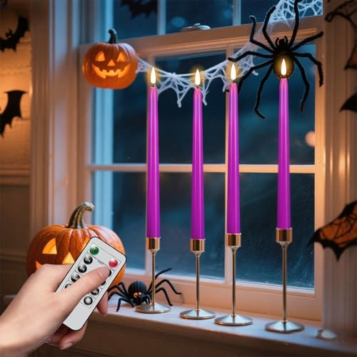 Image of Wondise Halloween Flameless Taper Candles with Remote & Timer, 4 Pack Purple Battery Operated LED Candles with 3D Wick Flickering for Halloween Decorations Gift
