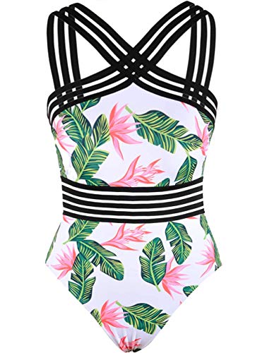 Hilor Women s One Piece Swimwear Front Crossover Swimsuits Hollow Bathing Suits Monokinis Green&red Leaves S US4-6