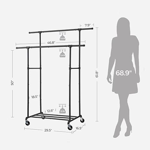 Miniatura 4 de Perchero de ropa resistente, perchero con ruedas, estante de ropa rodante, organizador de percha de ropa, doble varilla, máximo 400 libras, para