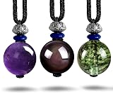 HQFJW 3PCS 14mm Natural Gemstone Bead Necklace,Adjustable Rope Genuine Real Black Obsidian Moss Agat
