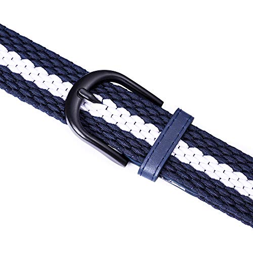 Mile High Life | Braided Stretch Elastic Belts | Pin Oval Solid Black Belt Buckle | Pu Loop End Tip Men/Women/Junior(Navy White, Xxx-Large 48"-50" (55" Length)) #TOP5