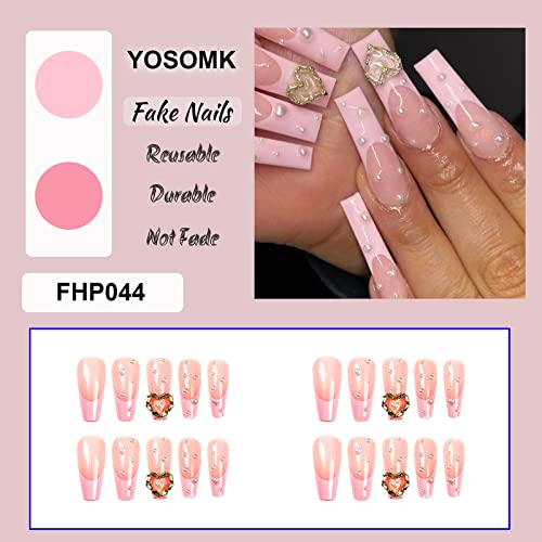 Yosomk Pink Press On Nails Long With Heart Designs Pearl False Fake Nails Acrylic Nails Press On Coffin Artificial Nails For Women Stick On Nails With Glue On Static Nails #TOP2
