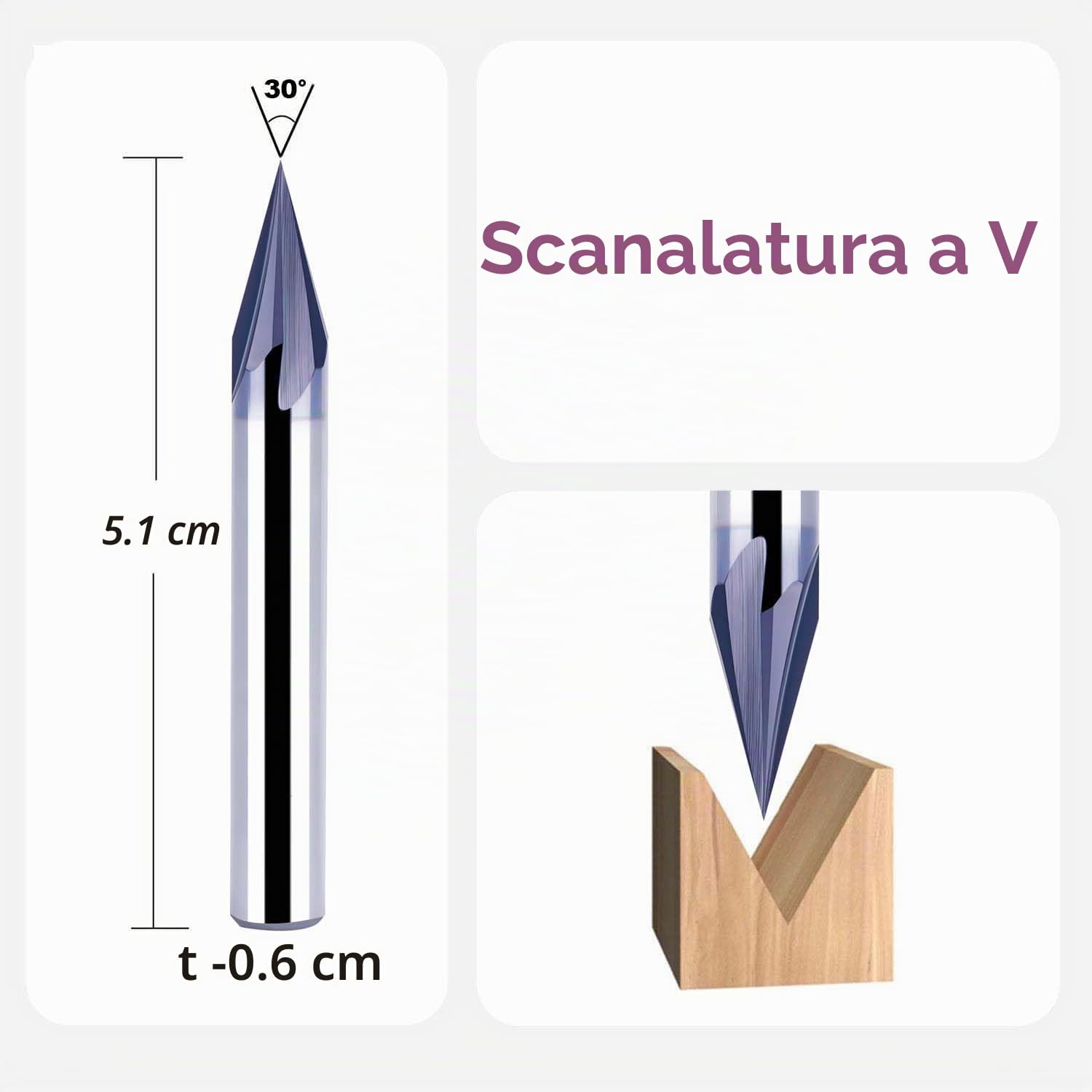 SpeTool Punta per fresa a V con scanalatura a V da 30 gradi con gambo rivestito in Tiain, punta a V in carburo a 4 taglienti, per incisione CNC e lettere per smussatura