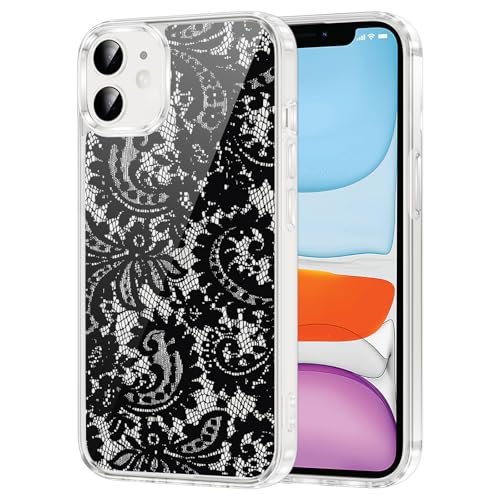 Coque iPhone 12 transparente motif floral dentelle noire protection antichoc
