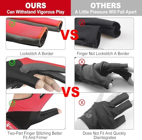 YFY Billiard Pool Gloves for Left Hand 3 Finger, Splicing Process, Snooker Cue Sport Glove Popular Sizes for Men & Women (Red, L