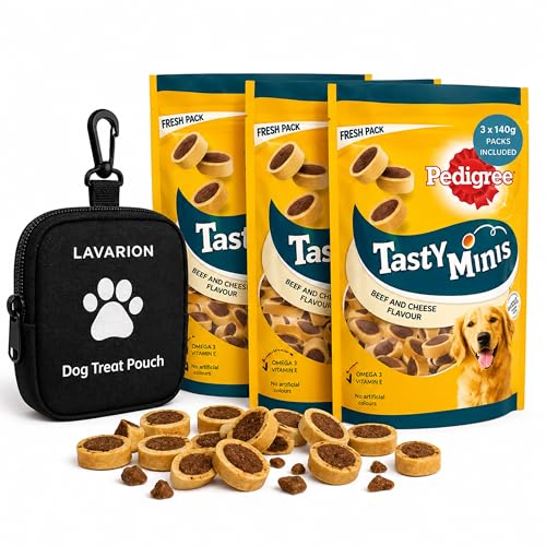 Tasty Minis Beef & Cheese Dog Training Treats 3 x 140g with Reusable Dog Treat Pouch by Lavarion Puppy Reward Snacks for Walks & Training
