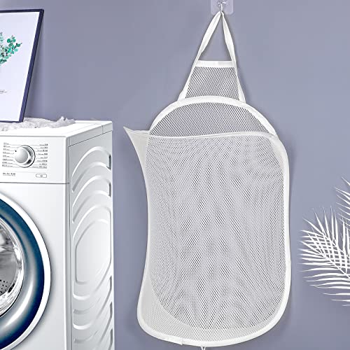 Cesto para la colada colgante, grande, para colgar en blanco, plegable, grande, plegable, de malla, con asas, para dormitorio, baño (59 x 37 cm)
