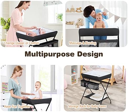 Maxmass Folding Baby Changing Table, Infant Bath Message Unit with Storage Rack, Newborn Care Station for 0-12 Months (Black)