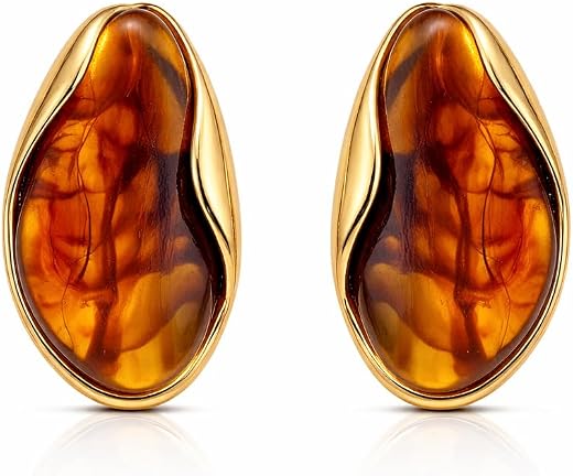 Lylak 18K Gold Plated Amber Resin Geometric Stud Earrings for Women | IG Style Minimalist | Waterproof Non-Tarnish Stainle...