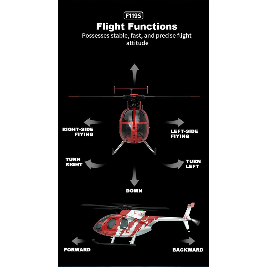 F119S MD500 RC elicottero, 1:16 2.4GHz 9CH Flybarless modello con GPS, LiDAR, rotore flybarless e modalità di volo 6G/3D, regalo per adulti, RTF
