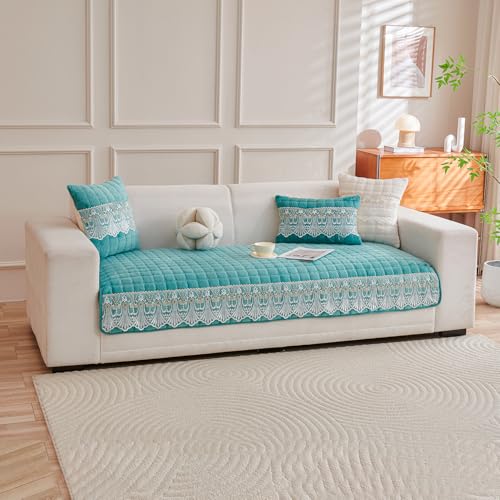 Image of HOKIPO 'BelleLace Series' Imperial Milk Velvet Sofa Cover Mat for 1 Seater Sofa, Lace Design, Teal (AR-5962-TEAL*1)