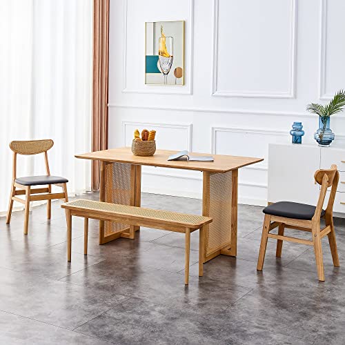 Hison Solid Wood Kitchen Table Set For 4 Wood Dining Table Large Wooden Rectangular Dinner Table & Chair Sets For Living Room 55In Rattan And Mdf Dining Room Set,2 Chairs With Pu Leather,Wood Bench #TOP5