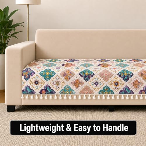 Image of STITCHNEST 'Frostvine Collection' 2 Seater Sofa Cover| Cotton Quilted Fabric, Decorative Tassels, Washable & Durable for Modern Living