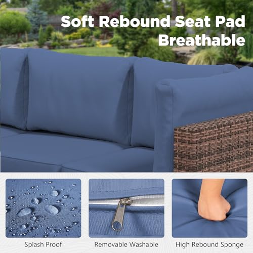 Image of LHBcraft Patio Furniture Set,7 Pieces Outdoor Wicker Rattan Patio Furniture with Rain Cover, Wicker Rattan Outdoor Sectional Patio Sofa Set with Coffee Table for Garden, Taupe-Blue