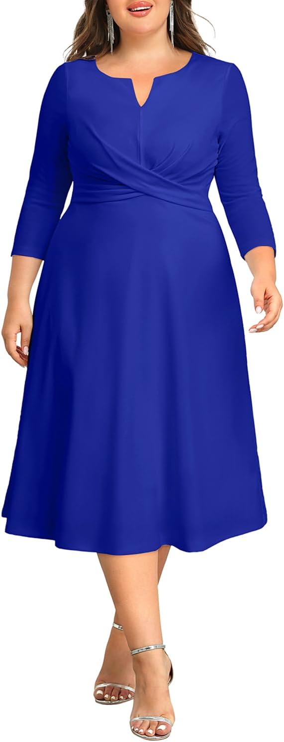 Plus Size Wedding Guest Dress - Church Midi Fall Semi Formal 3/4 Sleeve V Neck A-line Dress for Women 2025