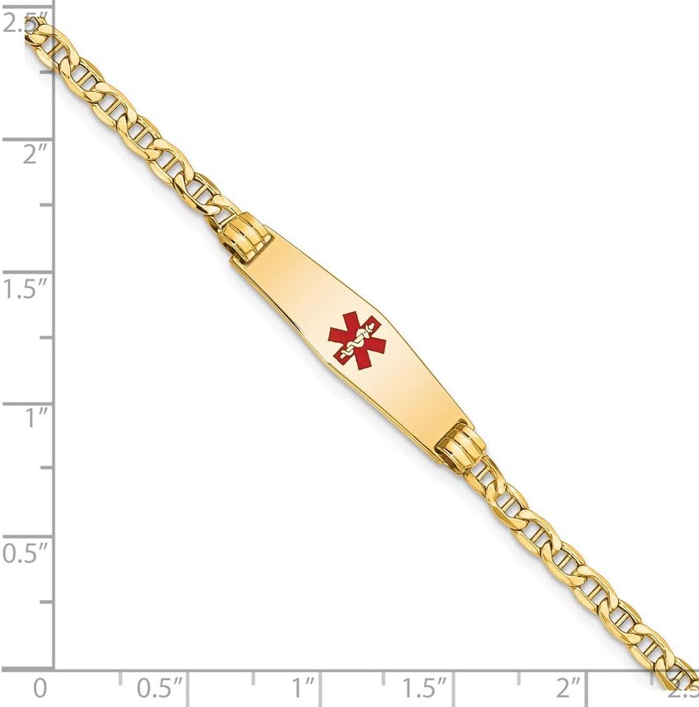 Engravable Personalized Custom 14K Yellow Gold Medical Solid Soft Diamond Shape Red Enamel Anchor ID Bracelet For Men or Women Length 8 inches Width 7.5 mm With Lobster Claw Clasp