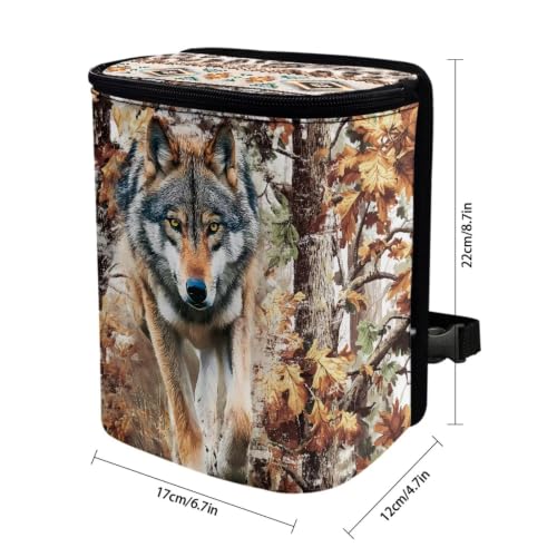 Image of Talayituse Forest Hunting Camo Wolf Print Car Trash Can Portable Auto Garbage Bin Multifunctional Vehicle Interior Accessories with Adjustable Straps Universal Fit Truck SUV Sedan