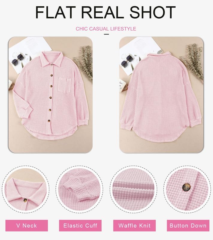 Image of Dokotoo Womens Waffle Knit Shacket Jacket Casual Button Down Shirts Tops | Long Sleeve,Loose Fit,Boyfriend Style,Collared V Neck,Fall Cardiga,Outwear with Pockets