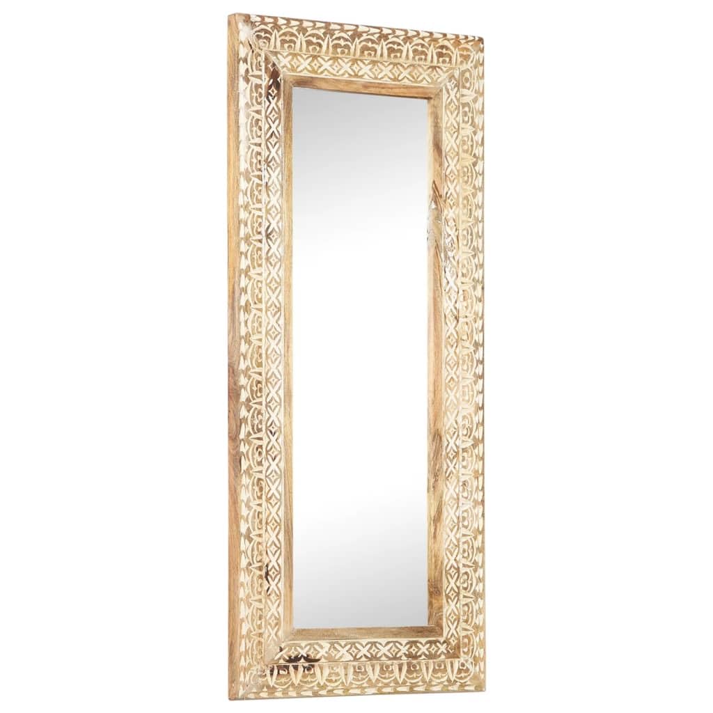 vidaXL Solid Mango Wood Hand-Carved Mirror - Bohemian Style Rectangular Wall Mounted Decorative Mirror with Natural Finish