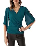 Women Chiffon 3/4 Sleeve Blouse V Neck Wrap Elastic Solid Cute Casual Party Tops Blue Green XL