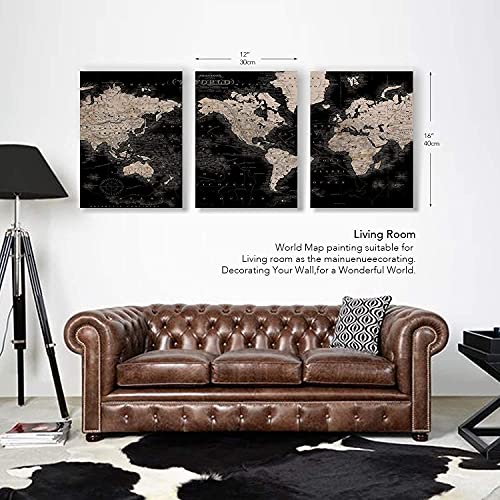 Vintage World Map Canvas Wall Art Retro Map Of The World Canvas Prints Framed And Stretched For Living Room Ready To Hang 12''X16'' 3 Piece #TOP1