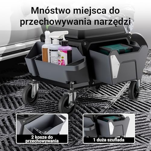 Wiltec Taboret warsztatowy do 120kg z dwoma pojemnikami i szufladą na narzędzia 53 x 38 x 38 cm do prac w warsztacie