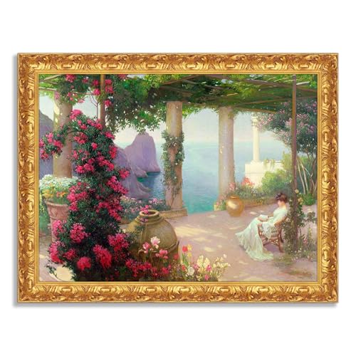LuxHomeDecor Karl Maria Schuster - Donna in terrazza a Capri - Quadro stampa su tela effetto dipinto con cornice oro classico - 90x70 cm